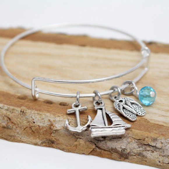 Anchor, Sailboat & Flip Flops - Charm Bracelet - Adjustable - Handcrafted - Picture 3 of 4
